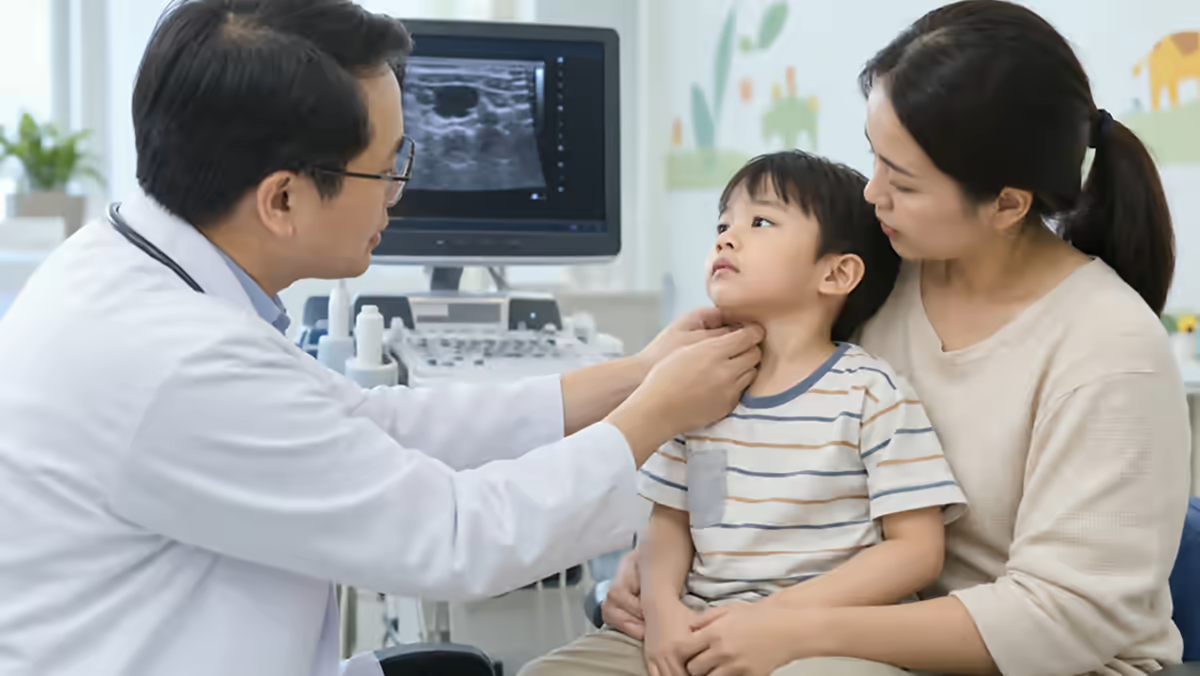 Trẻ có khối vùng cổ được bác sĩ siêu âm kiểm tra cùng mẹ