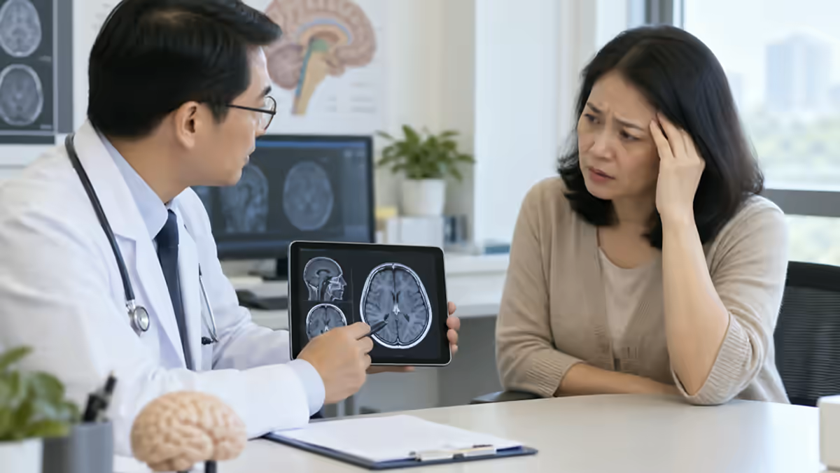 Người bệnh đau đầu được bác sĩ thần kinh giải thích phim chụp não