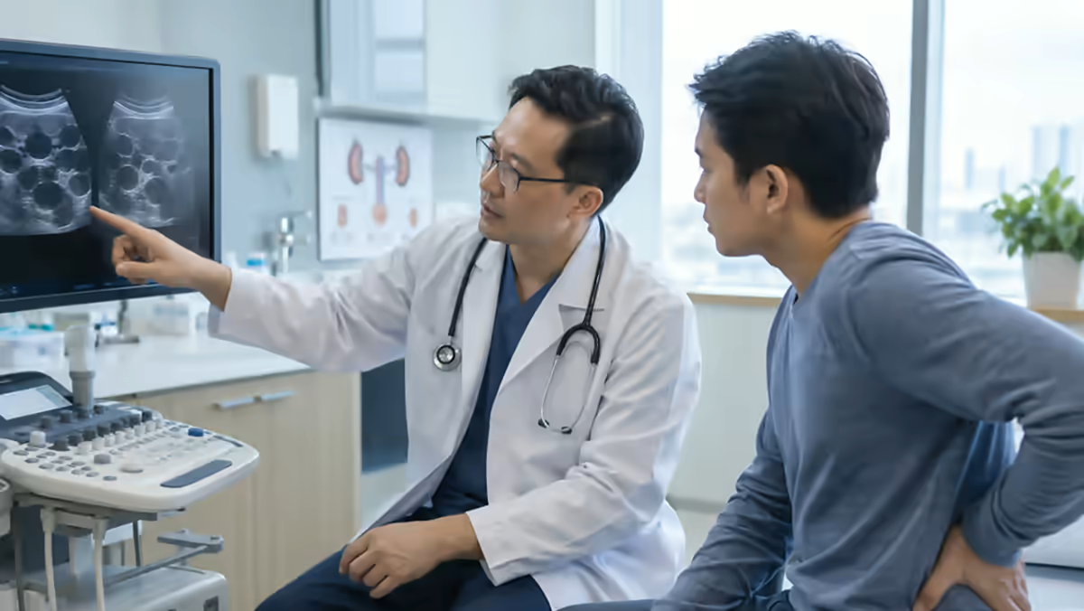Người bệnh đau vùng hông lưng được bác sĩ giải thích hình ảnh siêu âm thận