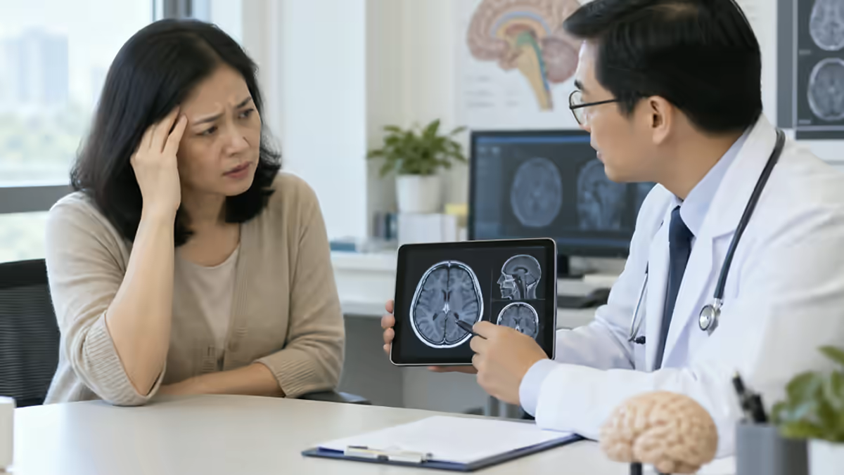 Người bệnh đau đầu được bác sĩ thần kinh giải thích phim chụp não
