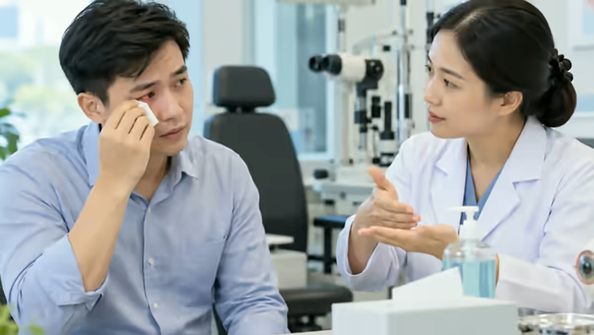 Người bệnh đỏ và ngứa mắt được bác sĩ nhãn khoa kiểm tra