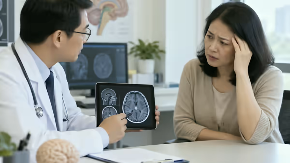 Người bệnh đau đầu được bác sĩ thần kinh giải thích phim chụp não