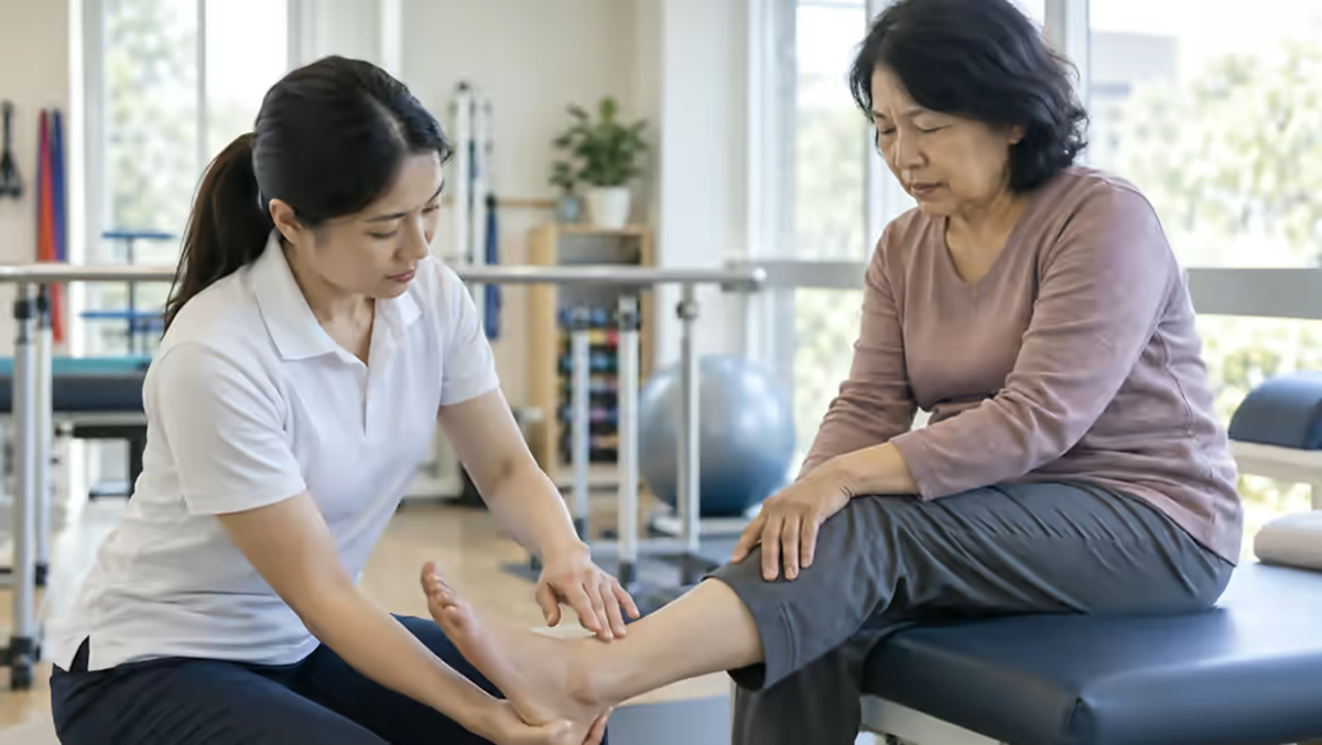 Người bệnh đau gan bàn chân được nhân viên phục hồi chức năng kiểm tra