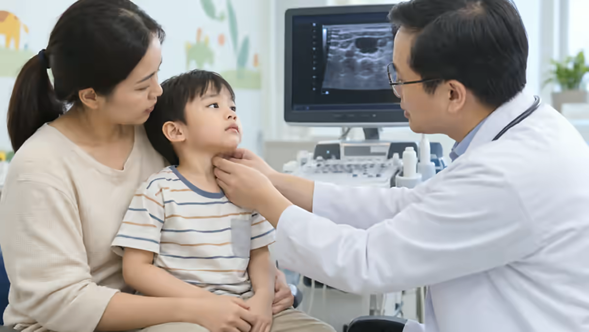 Trẻ được bác sĩ kiểm tra khối bất thường cùng mẹ
