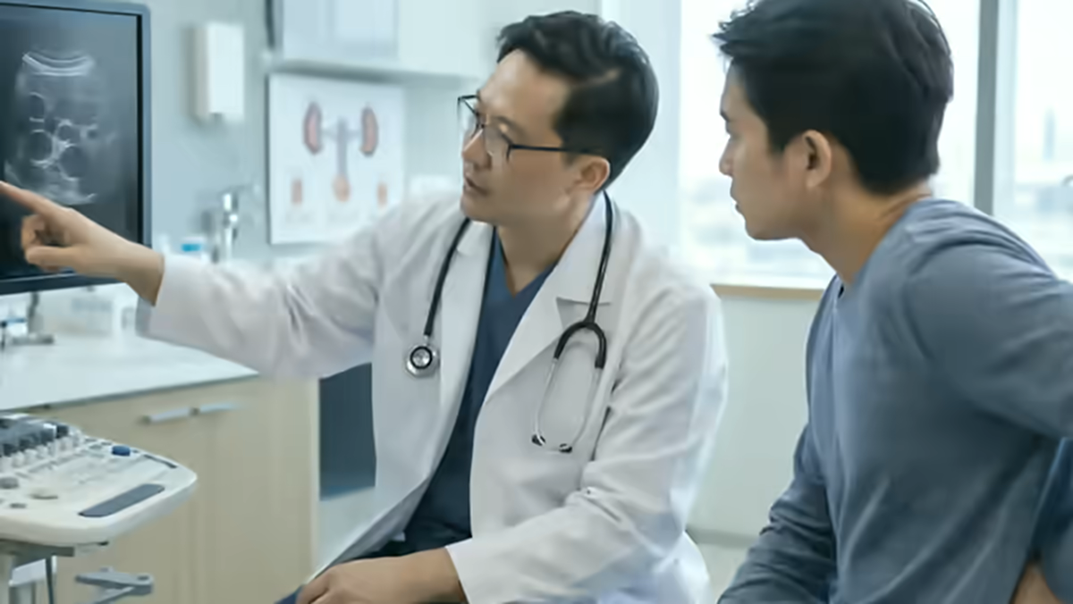 Người bệnh có dấu hiệu bất thường được bác sĩ giải thích hình ảnh siêu âm thận