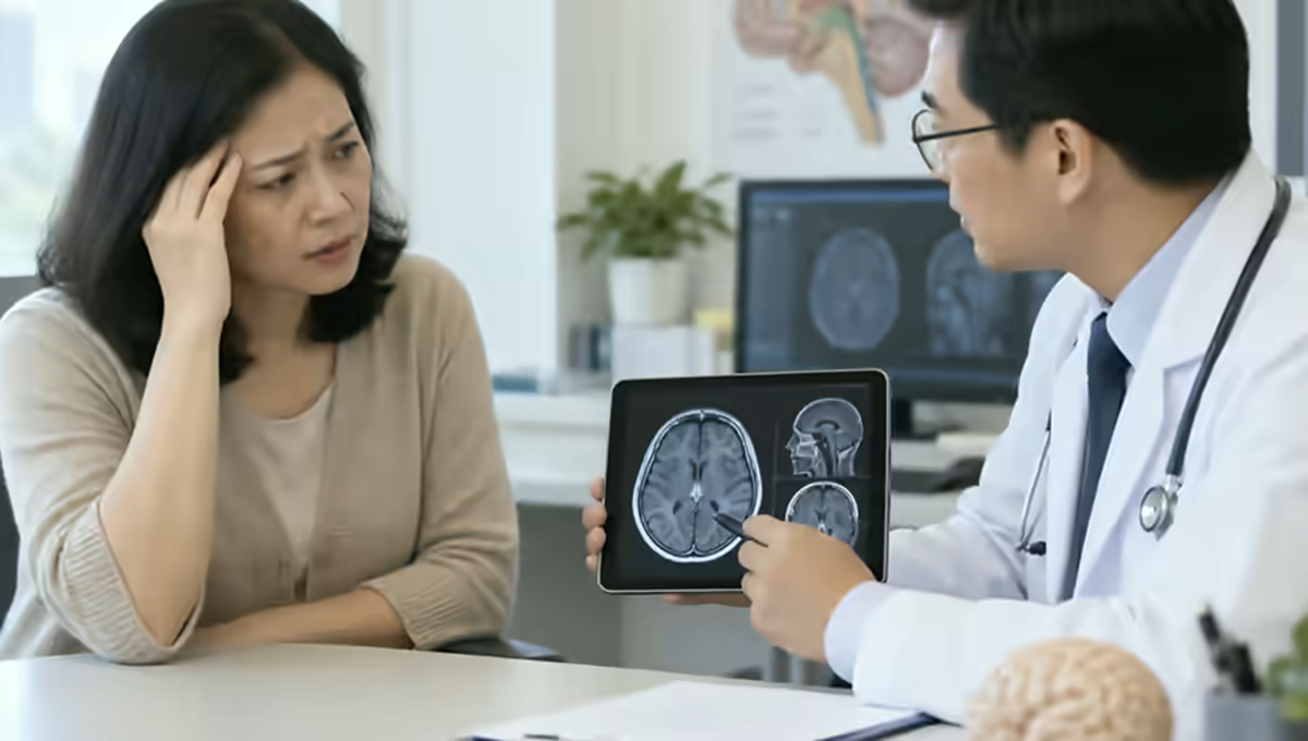 Người bệnh đau đầu được bác sĩ thần kinh giải thích phim chụp não