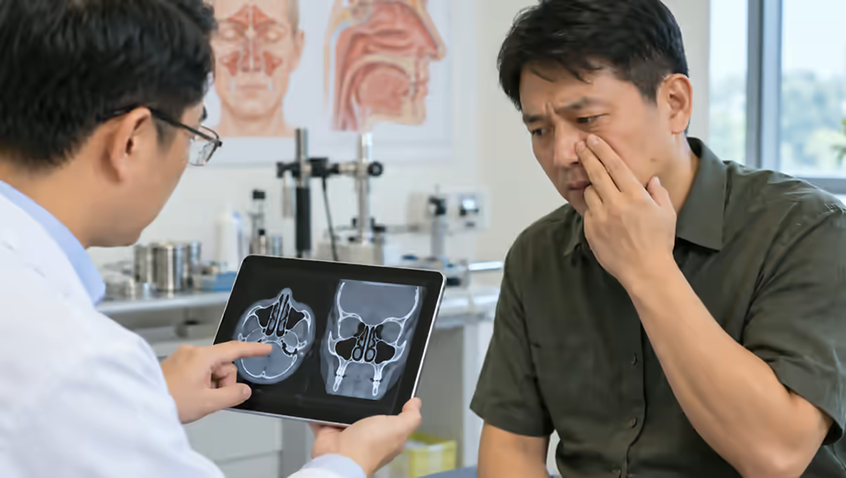 Người bệnh đau vùng trán được bác sĩ tai mũi họng giải thích phim CT xoang