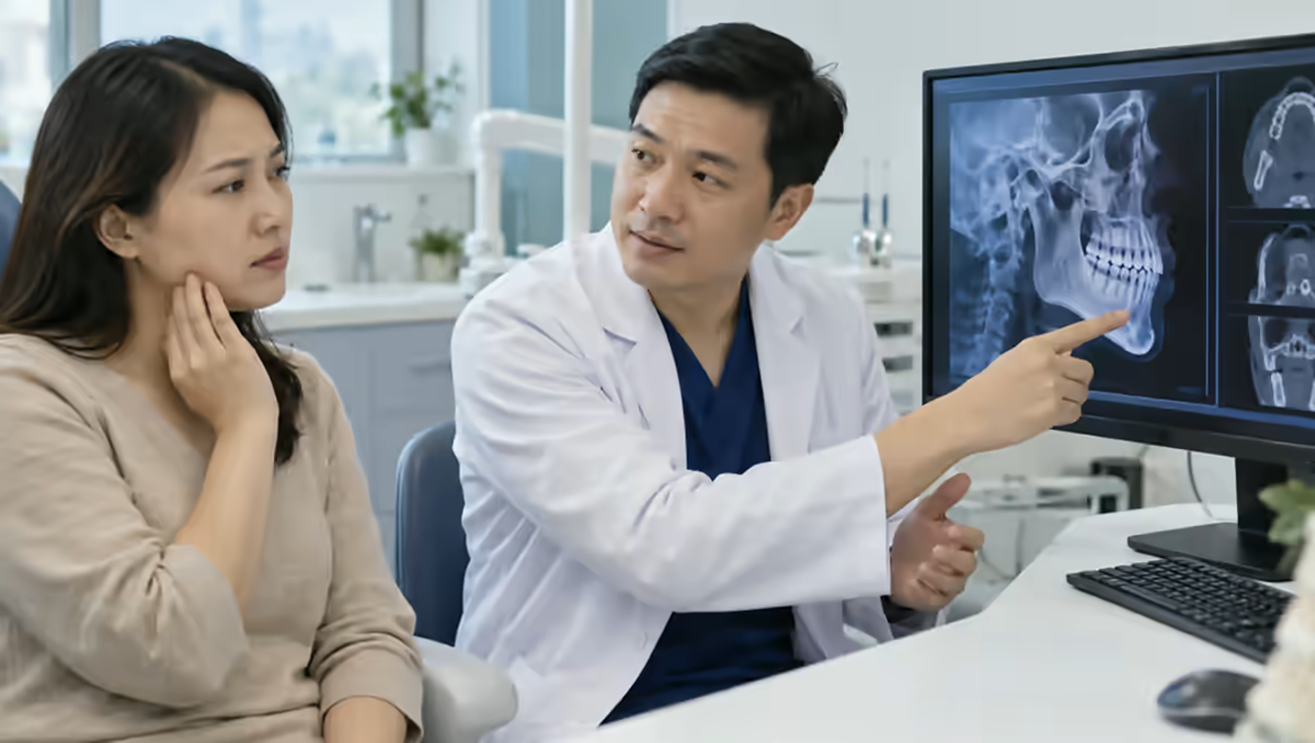 Người bệnh đau và sưng nướu được nha sĩ kiểm tra răng hàm mặt