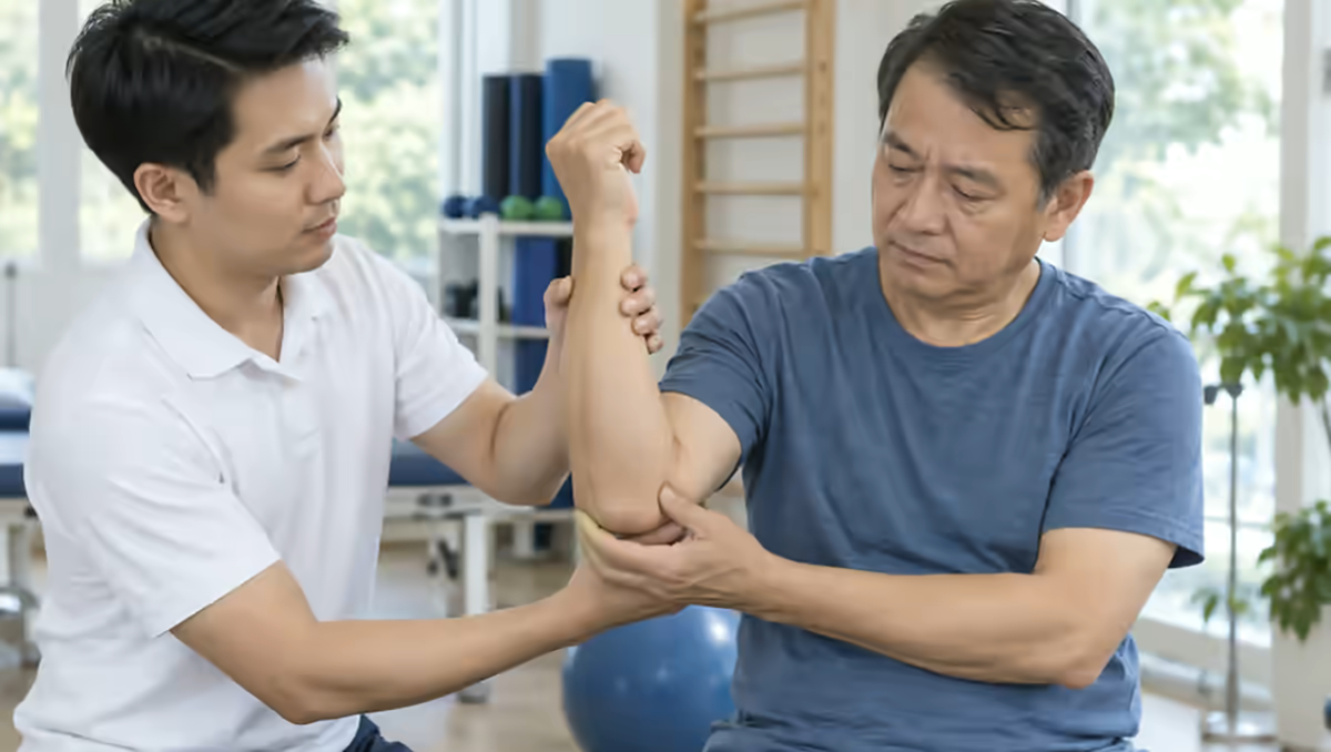 Người bệnh đau và yếu cơ được nhân viên phục hồi chức năng kiểm tra vận động