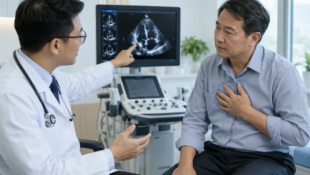 Người bệnh đau ngực được bác sĩ tim mạch giải thích kết quả siêu âm tim