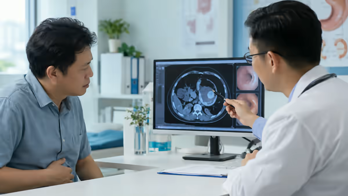 Người bệnh đau vùng thượng vị được bác sĩ tiêu hóa giải thích hình ảnh dạ dày