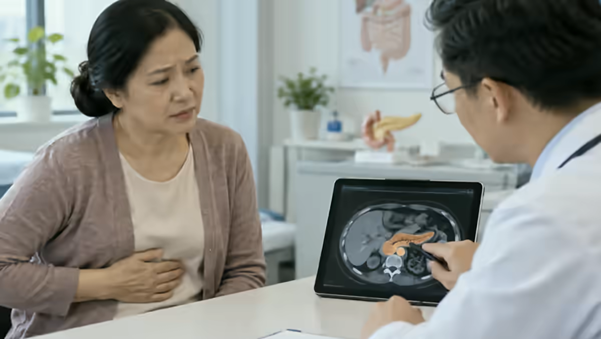 Người bệnh đau bụng được bác sĩ tiêu hóa tư vấn và đánh giá đường tiêu hóa