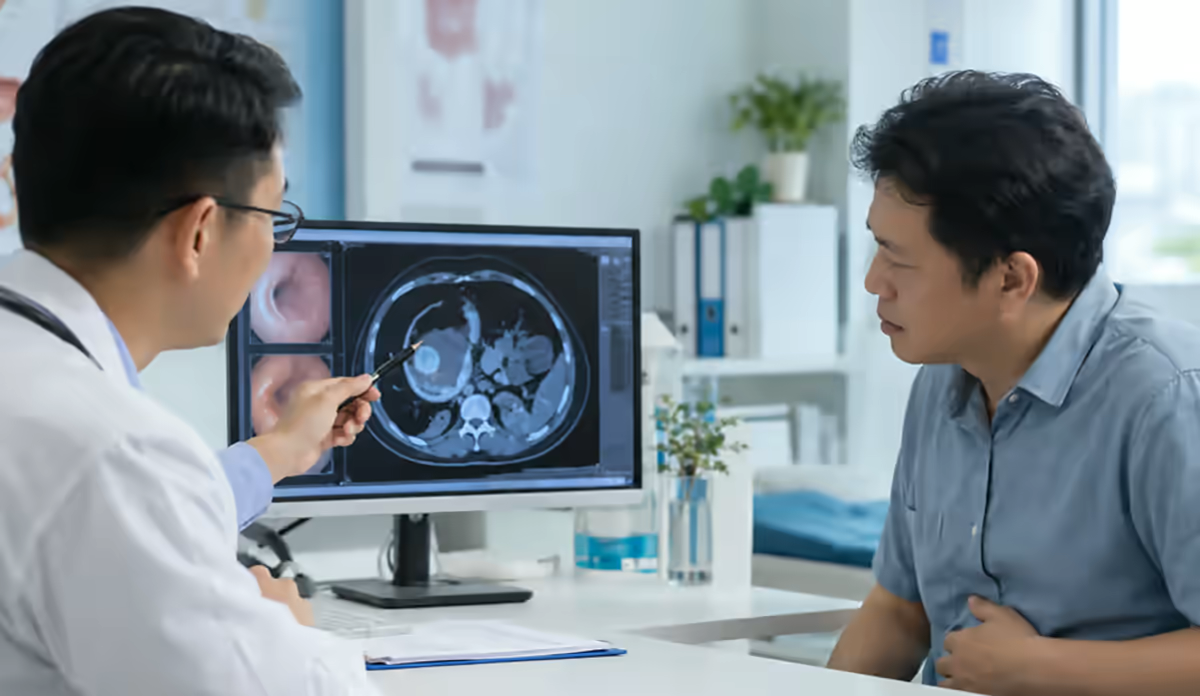 Người bệnh đau thượng vị được bác sĩ tiêu hóa giải thích hình ảnh dạ dày tá tràng