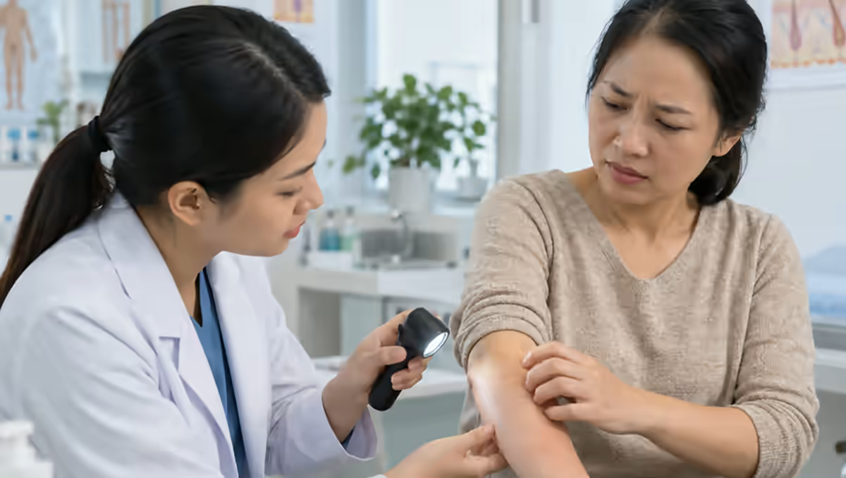 Người bệnh ngứa và đỏ da được bác sĩ da liễu kiểm tra