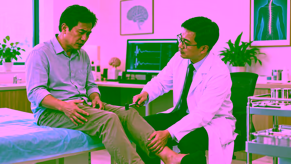 Người bệnh yếu và tê chân được bác sĩ thần kinh kiểm tra phản xạ