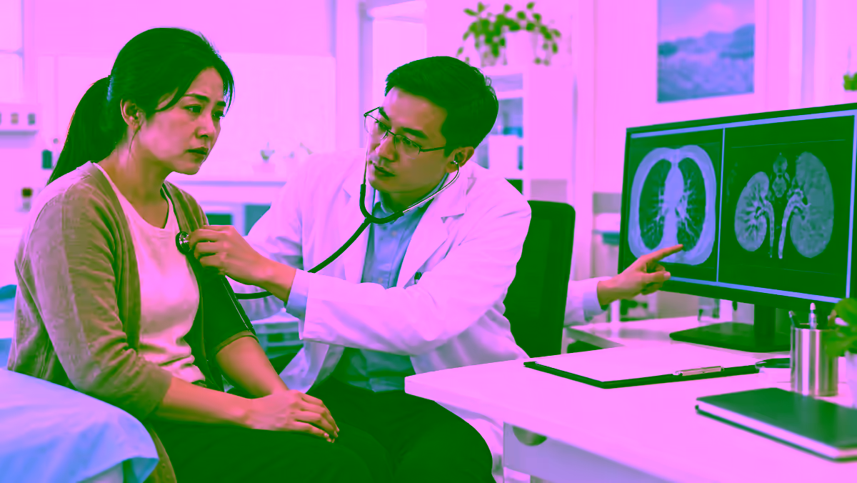 Người bệnh mệt mỏi được bác sĩ kiểm tra hô hấp và huyết áp