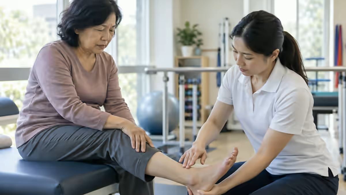 Người bệnh đau gót chân được nhân viên phục hồi chức năng kiểm tra