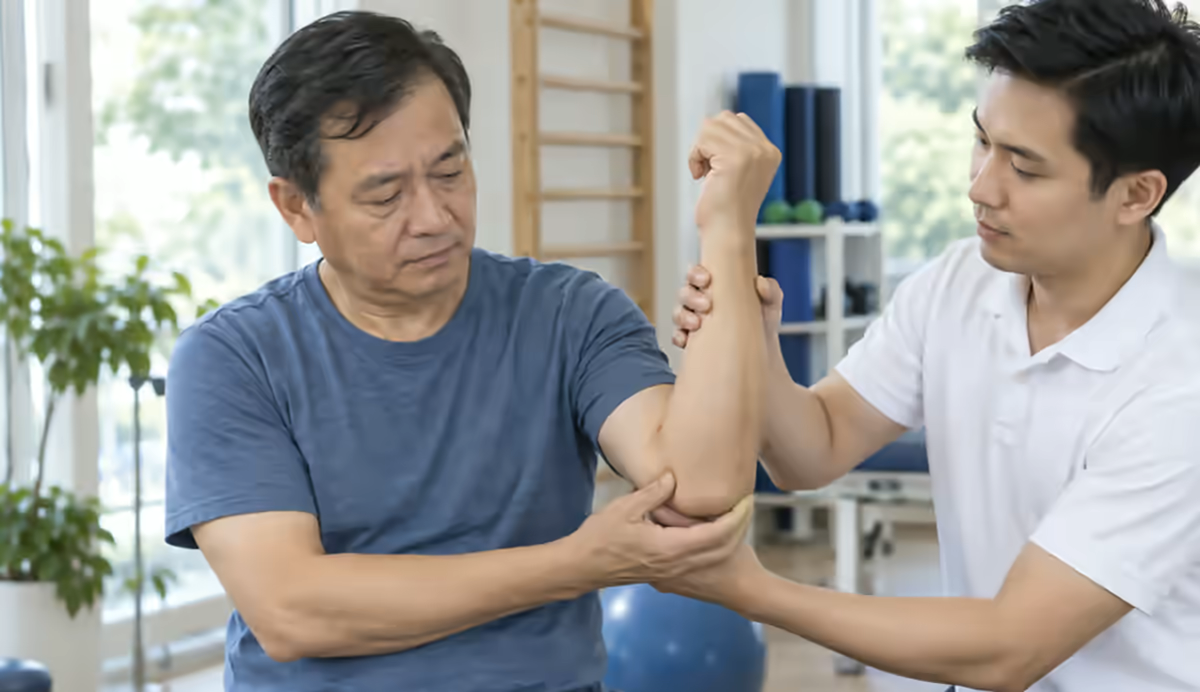 Người bệnh đau vùng gân được bác sĩ cơ xương khớp kiểm tra vận động