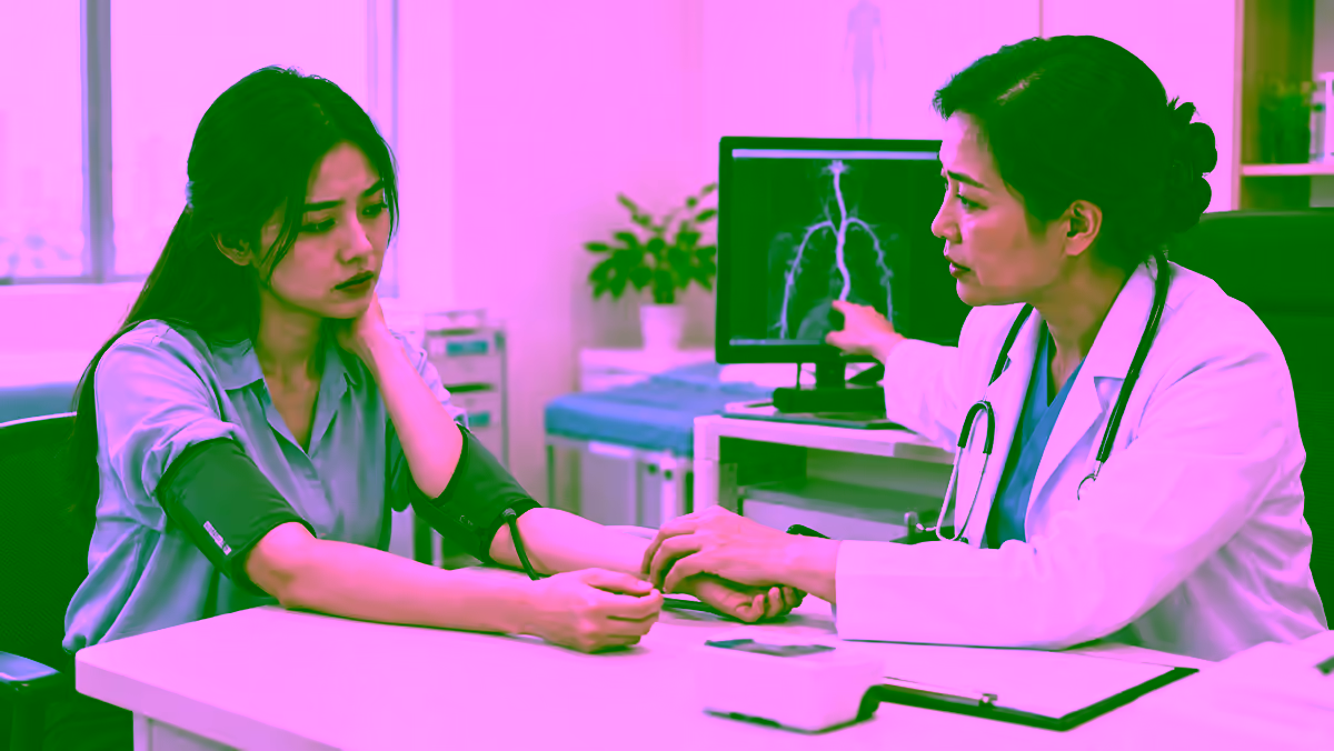 Người bệnh trẻ được bác sĩ kiểm tra huyết áp hai tay khi nghi viêm mạch