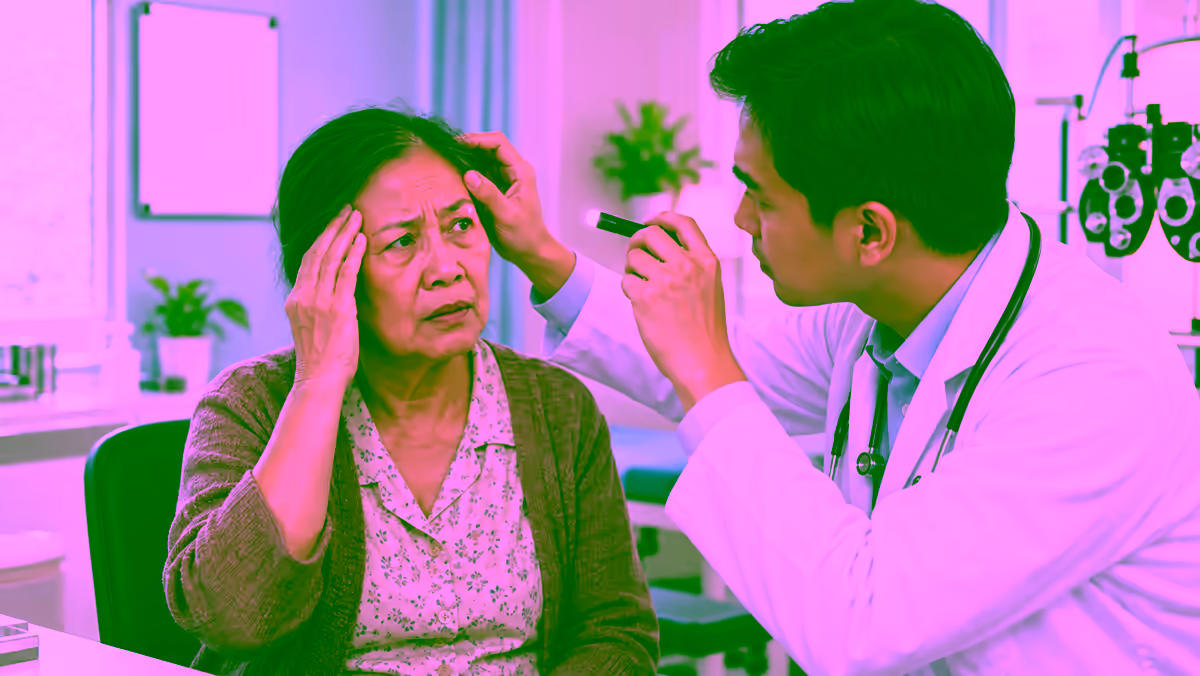 Người lớn tuổi đau thái dương được bác sĩ kiểm tra mắt và vùng đầu