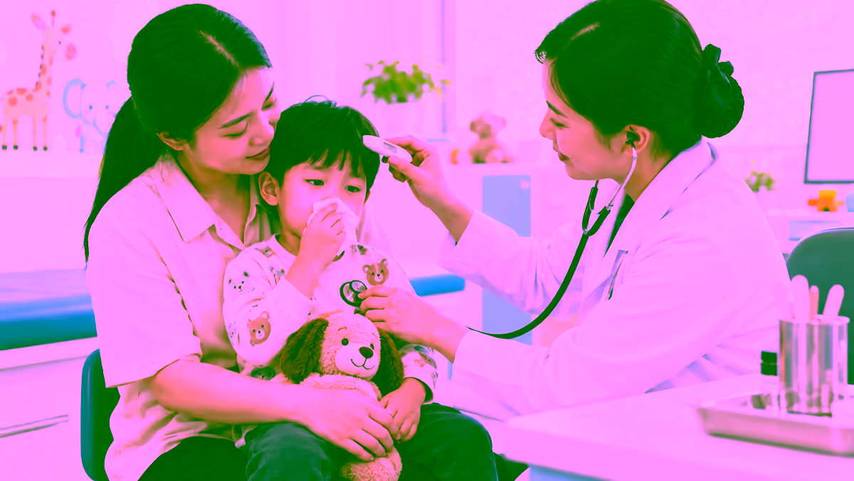 Trẻ sổ mũi được bác sĩ nhi khám cùng mẹ
