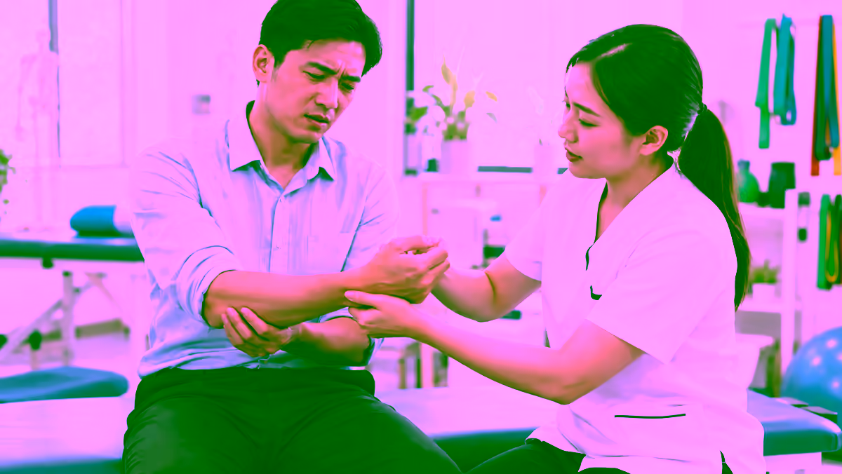 Người bệnh đau cẳng tay được kỹ thuật viên kiểm tra viêm gân