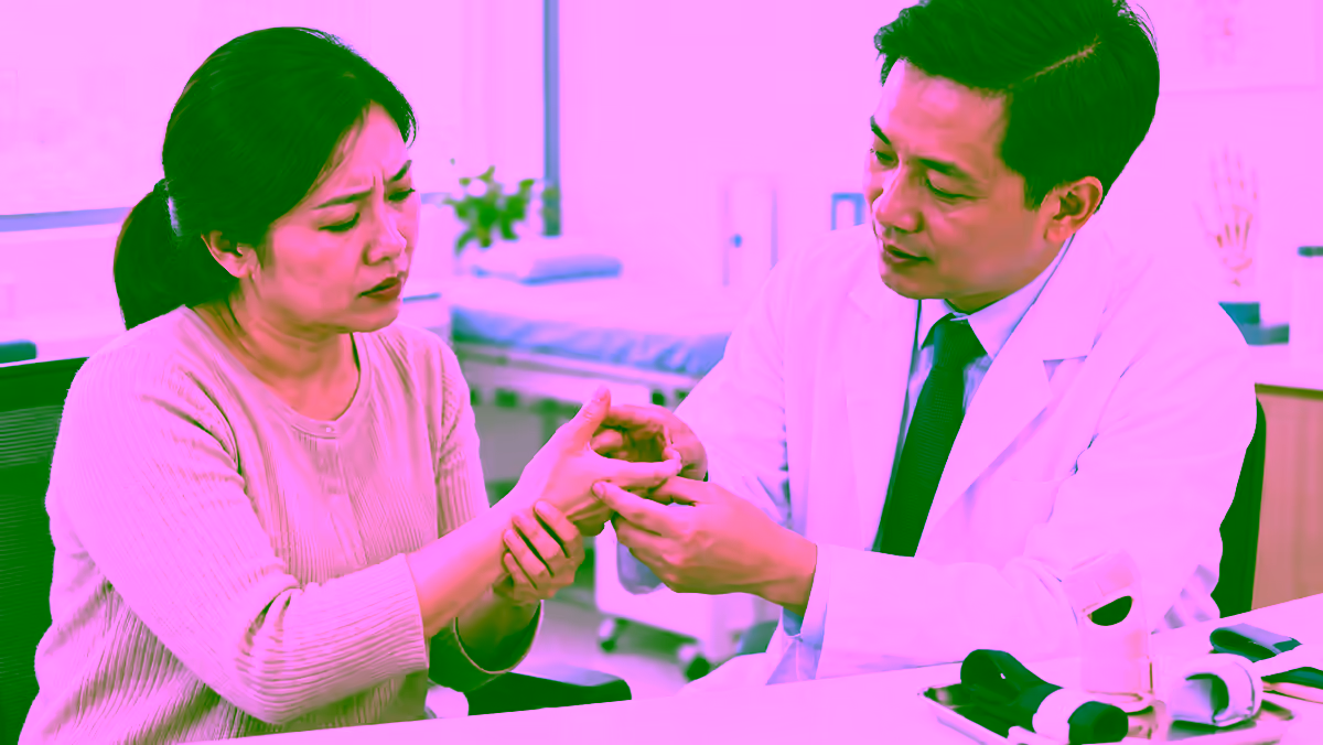 Người bệnh cứng đau ngón cái được bác sĩ bàn tay kiểm tra