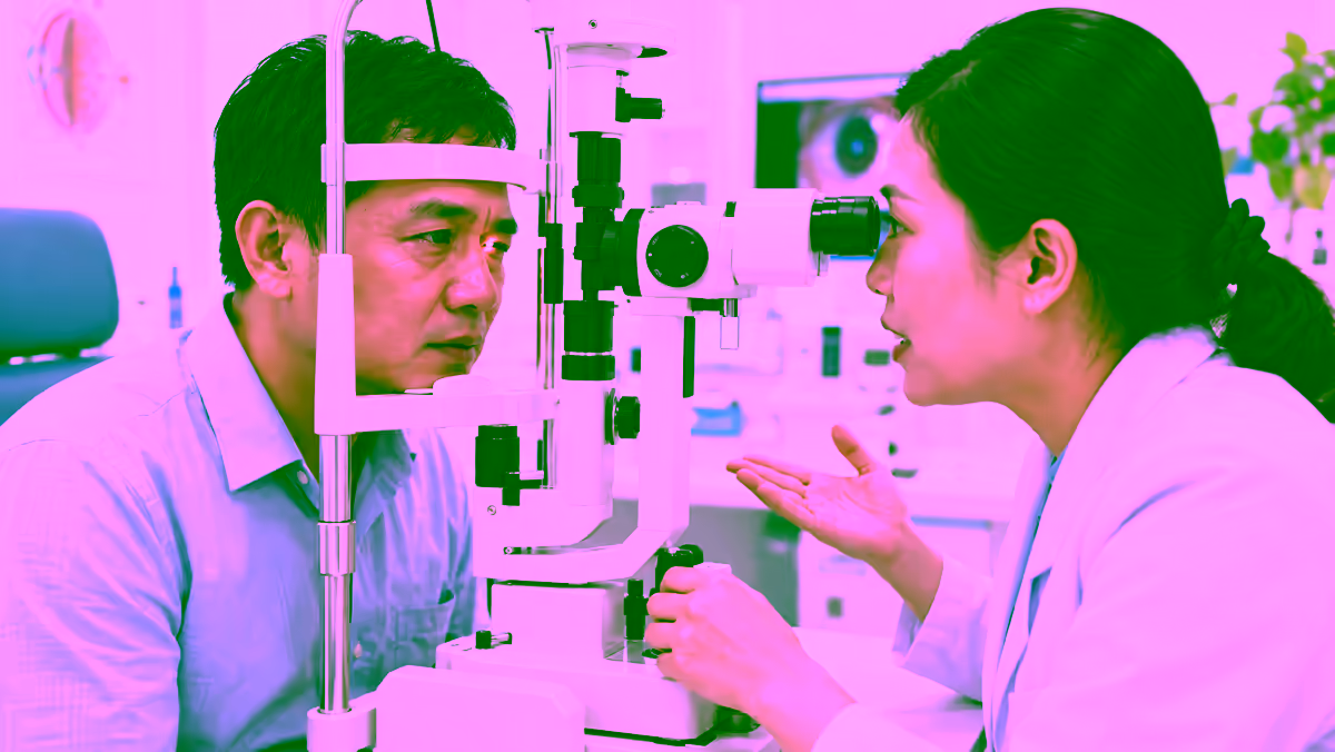 Bác sĩ mắt khám giác mạc cho người bệnh đang nhạy sáng