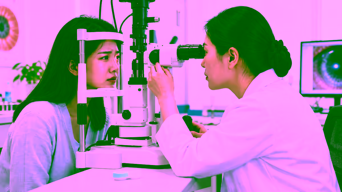 Bác sĩ mắt khám cho người đeo kính áp tròng bị đau và nhạy sáng