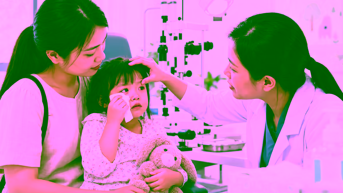 Trẻ bị đỏ mắt và chảy nước mắt được bác sĩ nhãn khoa khám cùng mẹ