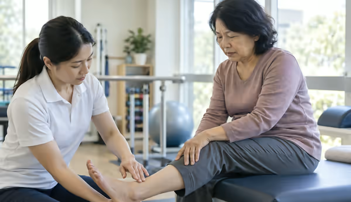 Người bệnh đau và sưng bàn chân được nhân viên phục hồi chức năng kiểm tra