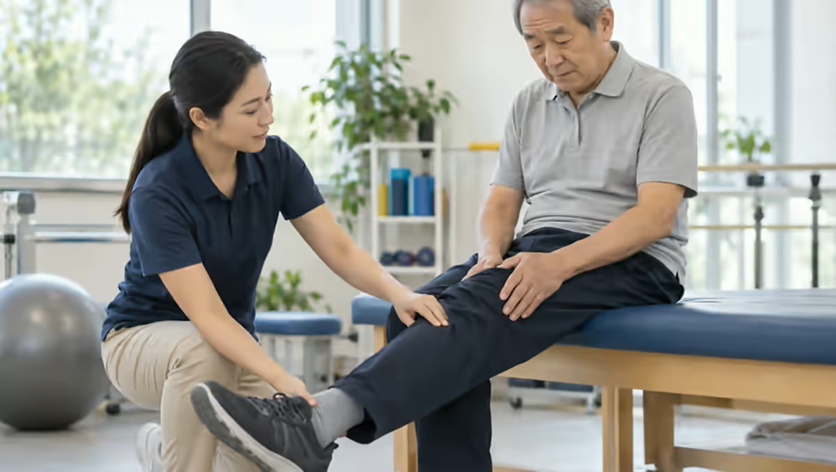 Người bệnh đau và sưng khớp được bác sĩ cơ xương khớp kiểm tra