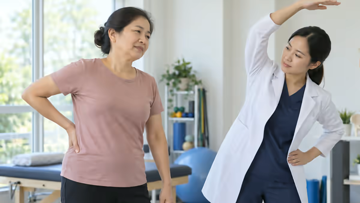 Người bệnh đau vùng thắt lưng và hông được chuyên viên phục hồi chức năng hướng dẫn vận động