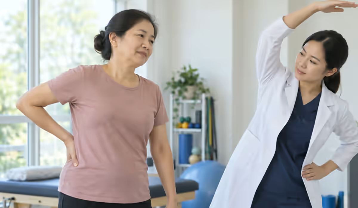 Người bệnh đau lưng được chuyên viên phục hồi chức năng hướng dẫn vận động