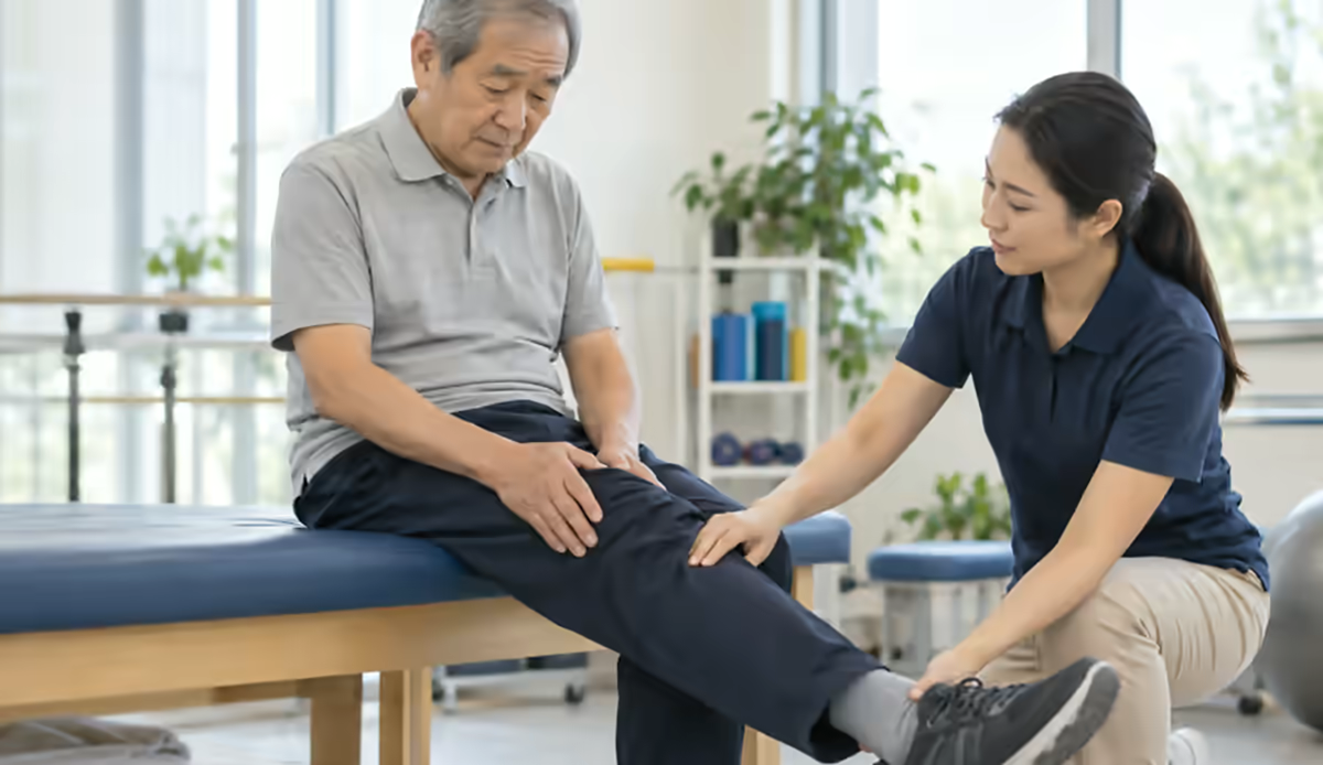 Người bệnh đau và sưng khớp gối được nhân viên phục hồi chức năng kiểm tra