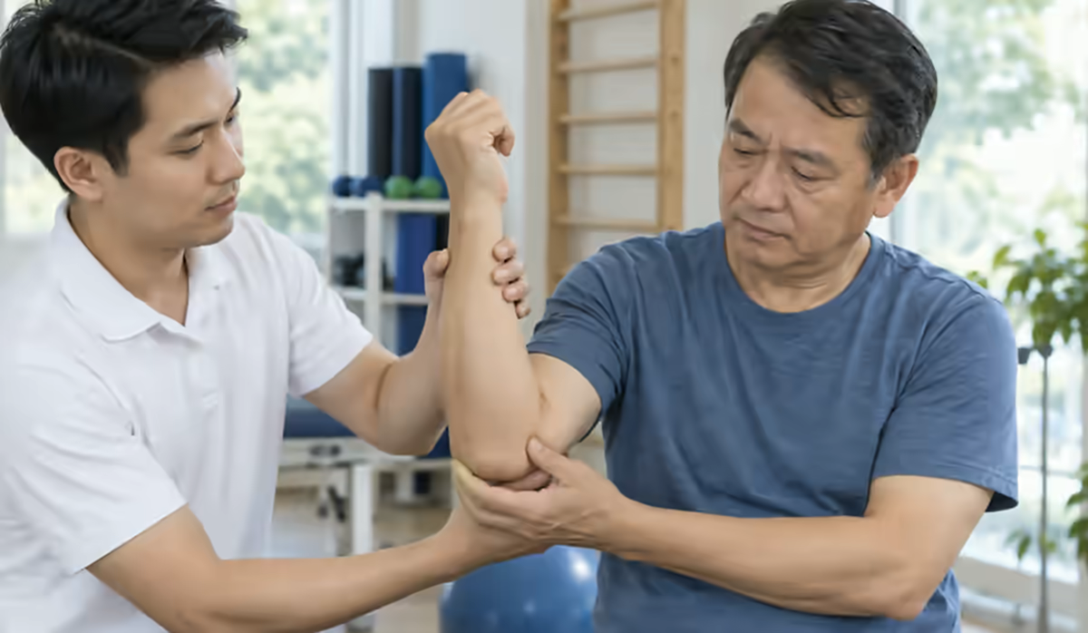 Người bệnh đau khuỷu tay được bác sĩ cơ xương khớp kiểm tra vận động
