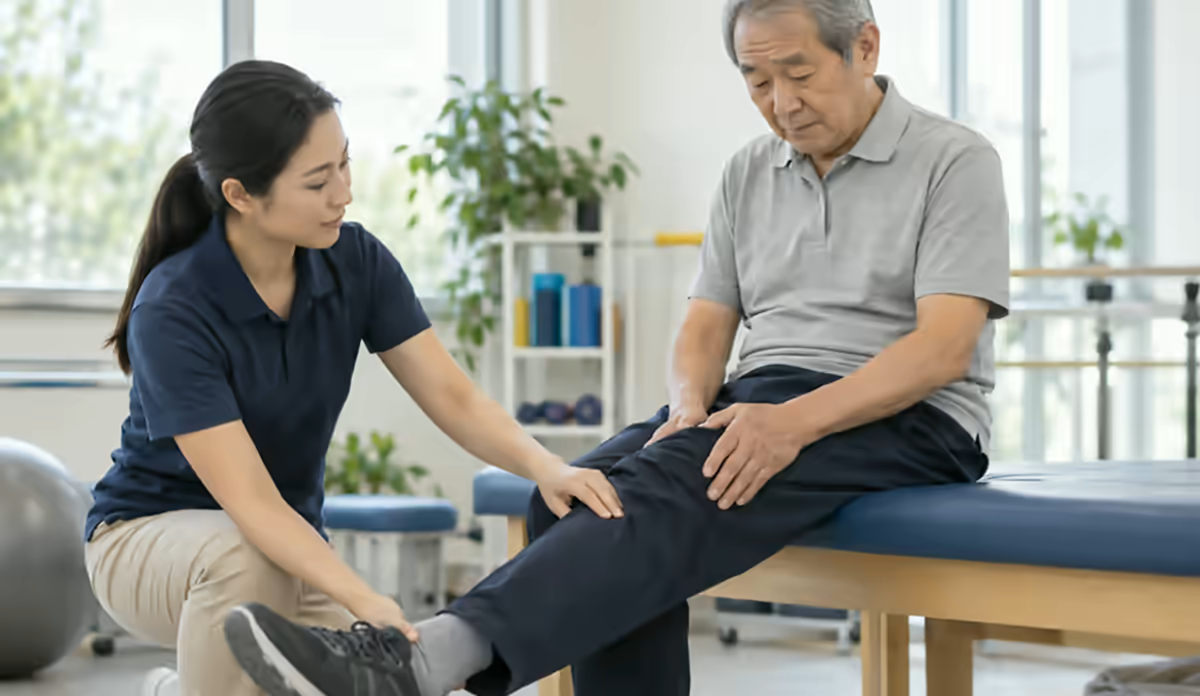 Người bệnh đau khớp kéo dài được nhân viên phục hồi chức năng hỗ trợ