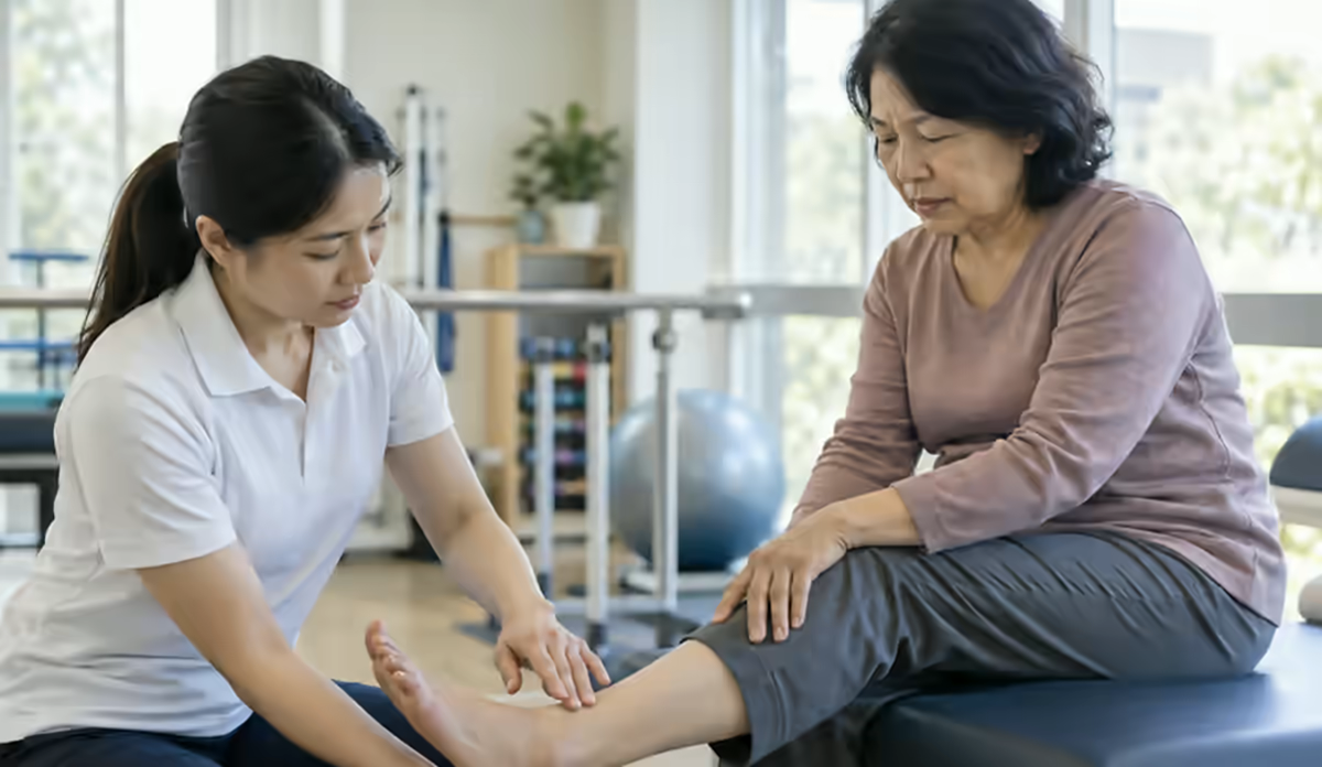 Người bệnh đau và sưng mắt cá chân được chuyên viên phục hồi chức năng kiểm tra