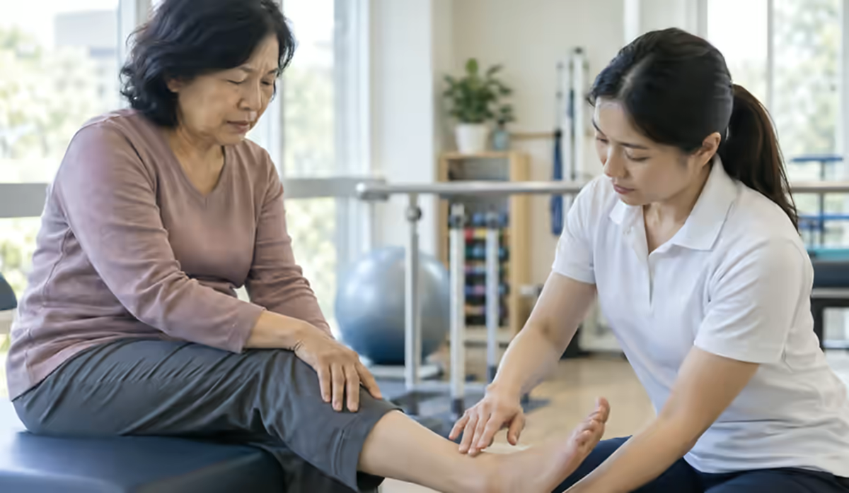 Người bệnh đau ngón chân cái được nhân viên phục hồi chức năng kiểm tra