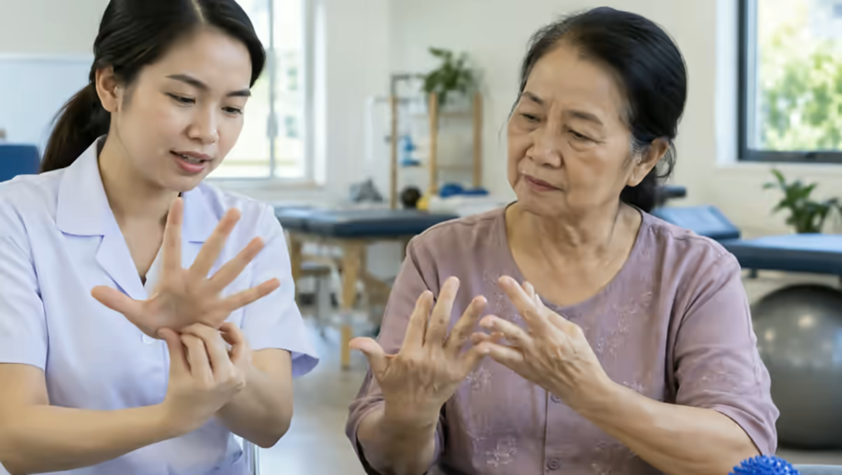 Người bệnh đau khớp ngón tay cái được nhân viên phục hồi chức năng kiểm tra