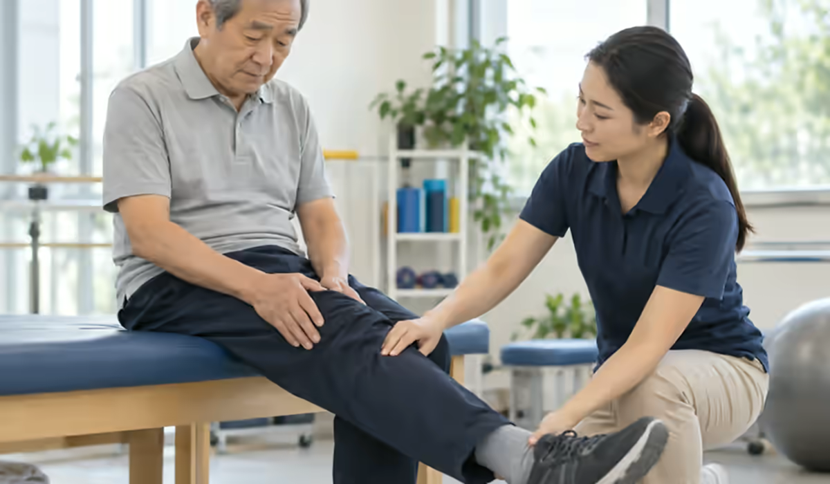 Người bệnh đau khớp được bác sĩ cơ xương khớp kiểm tra và hướng dẫn vận động