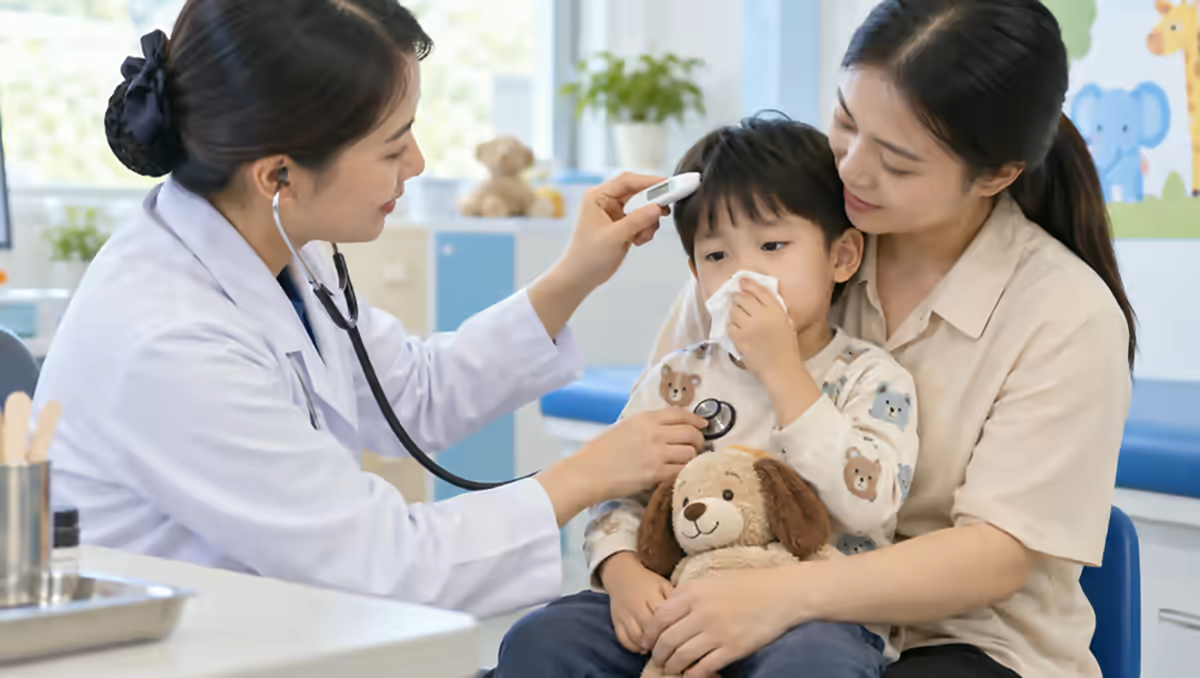 Trẻ được bác sĩ kiểm tra sức khỏe và vận động cùng mẹ