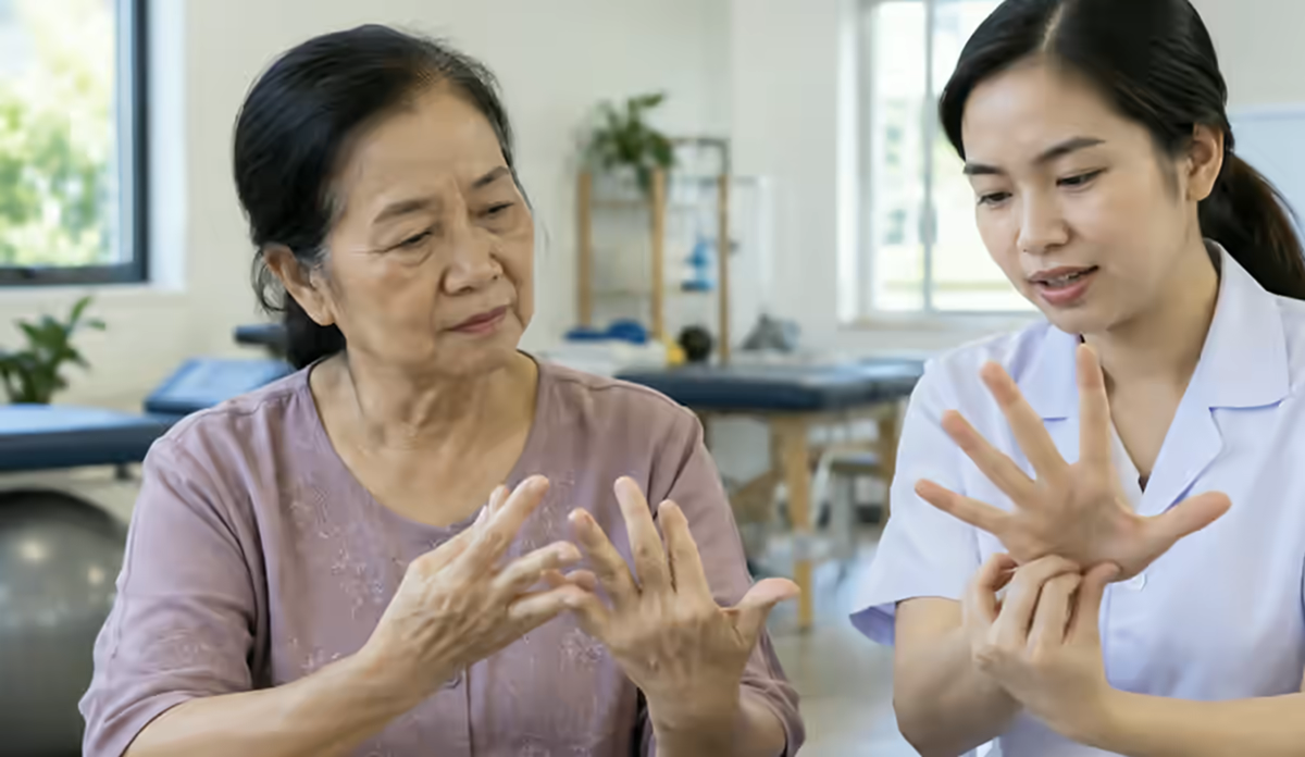 Người bệnh đau cứng các khớp bàn tay được bác sĩ kiểm tra