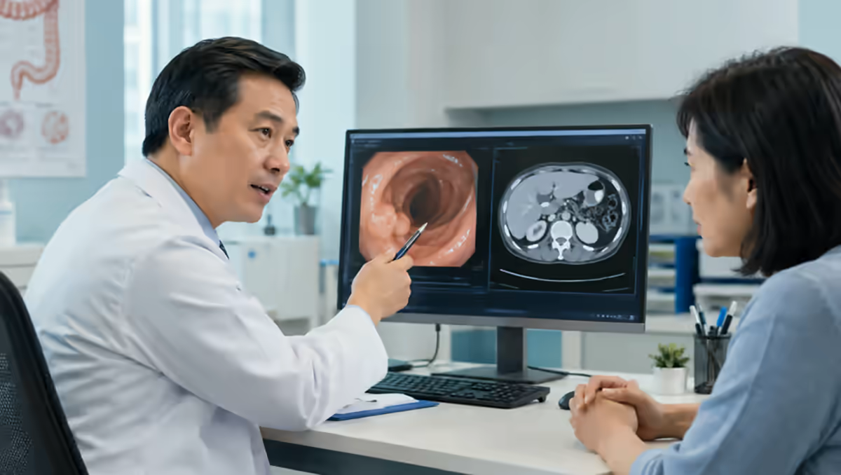 Người bệnh đau bụng được bác sĩ tiêu hóa giải thích hình ảnh nội soi đại tràng