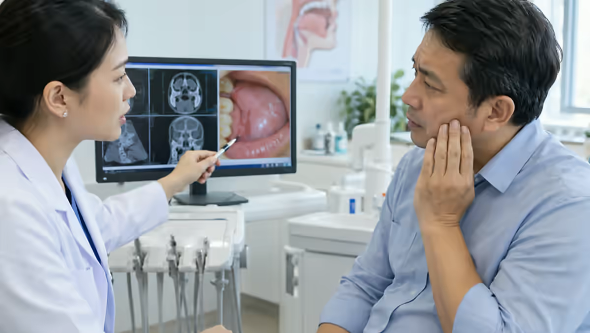 Người bệnh đau rát miệng được nha sĩ kiểm tra khoang miệng