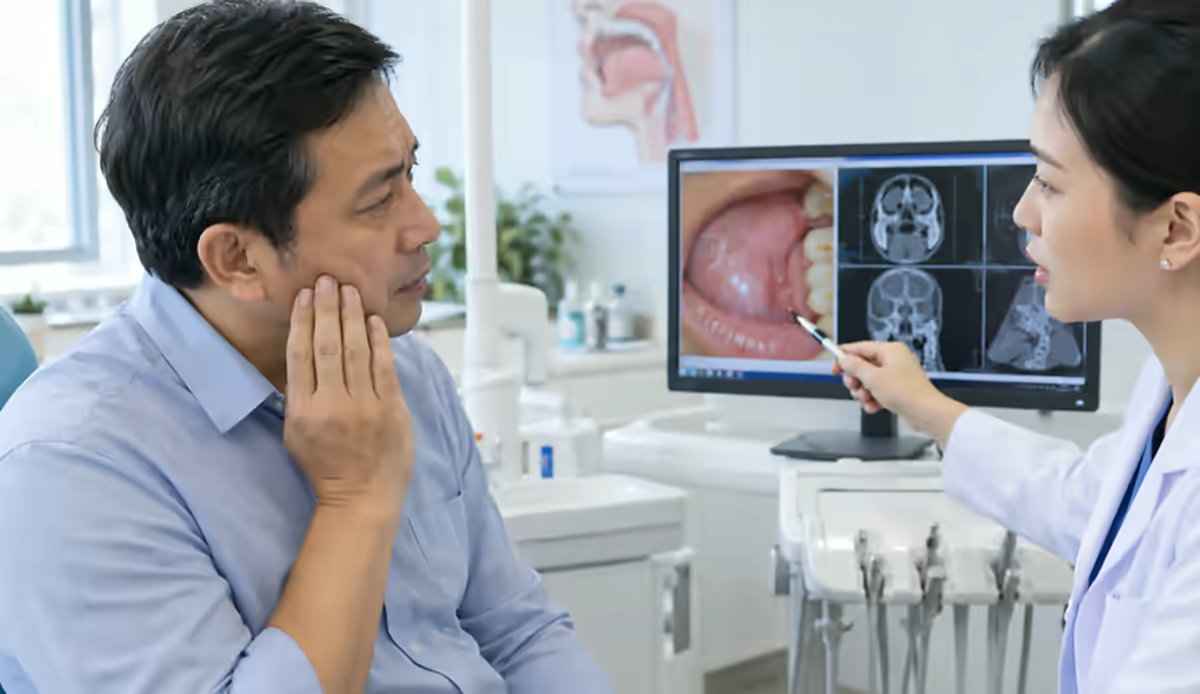 Người bệnh đau rát niêm mạc miệng được nha sĩ kiểm tra