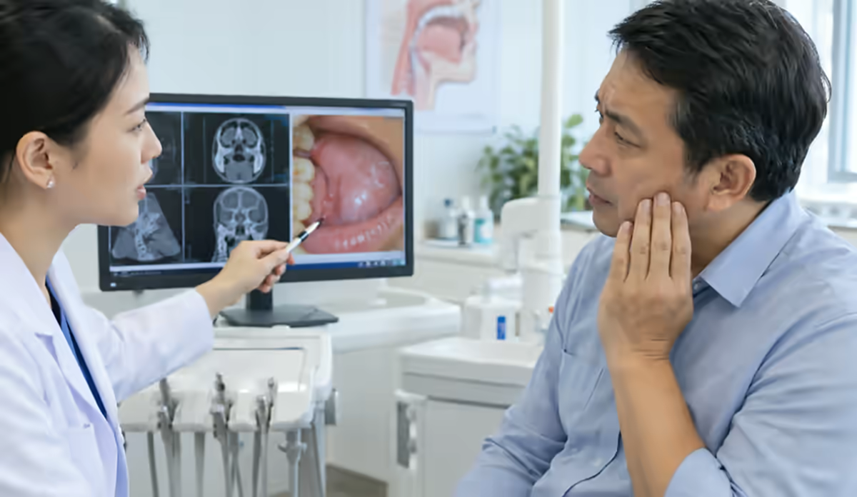 Người bệnh đau rát lưỡi được nha sĩ kiểm tra khoang miệng