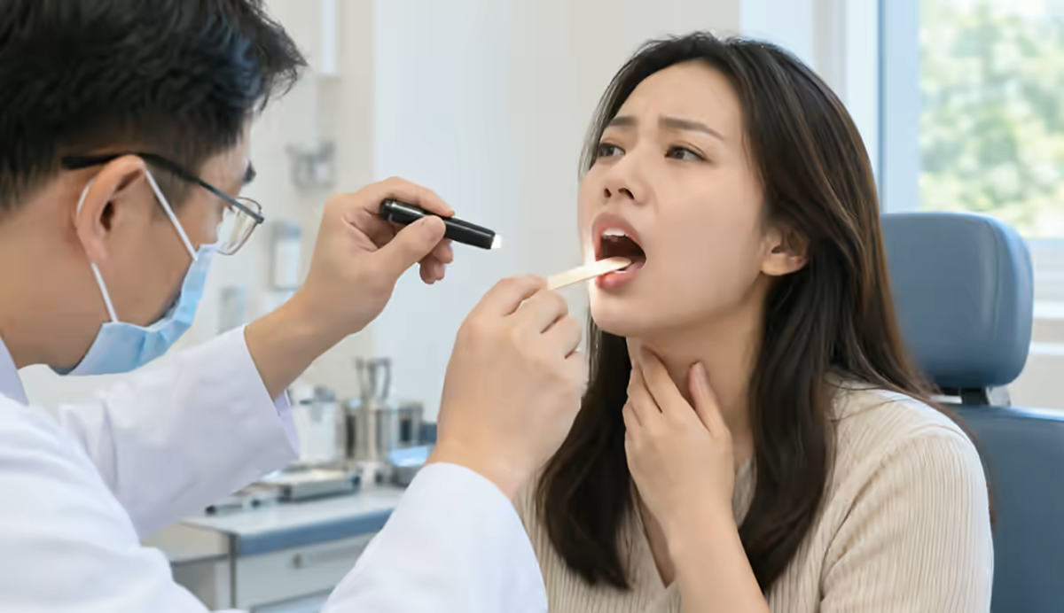 Người bệnh đau rát họng được bác sĩ tai mũi họng kiểm tra