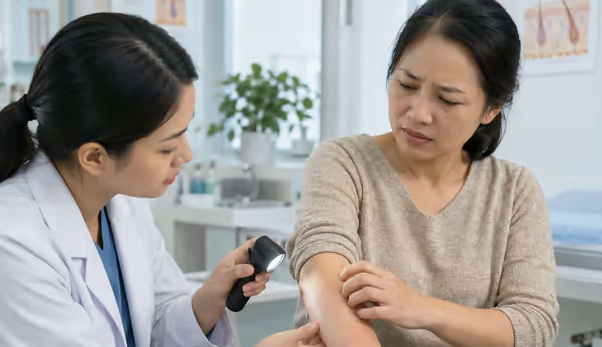 Người bệnh vùng da đỏ đau được bác sĩ da liễu kiểm tra