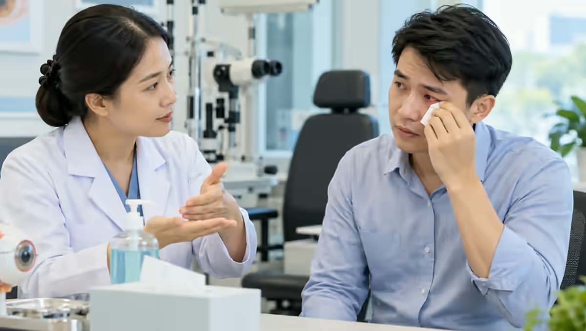 Người bệnh đỏ và đau mắt được bác sĩ nhãn khoa kiểm tra